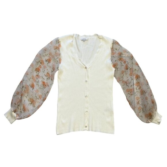 Sioni Womens Medium White Cardigan With Sheer Floral Sleeves Feminine Buttons GU - Picture 1 of 7